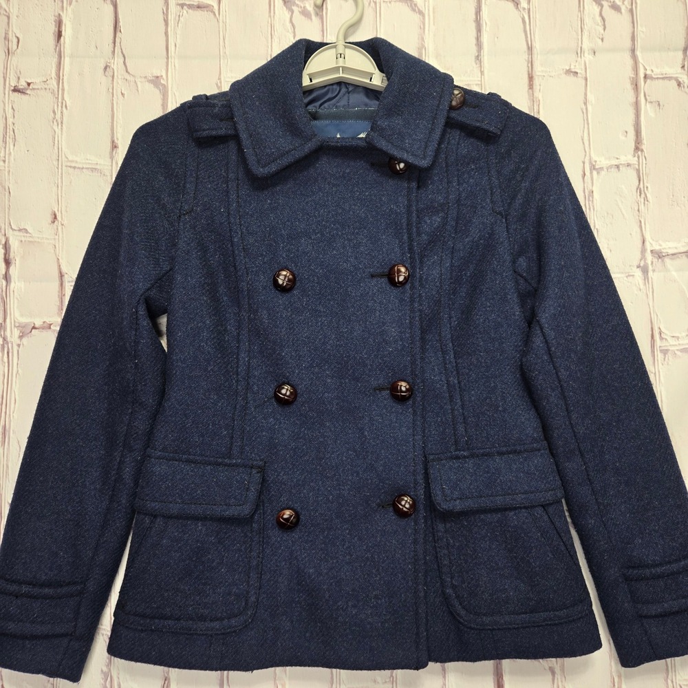 Y2K American Eagle Peacoat Navy Blue Wool Blend Military Jacket Women S Petite